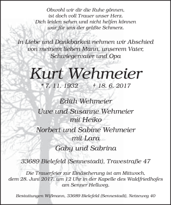Traueranzeige von Kurt Wehmeier von Neue Westfälische