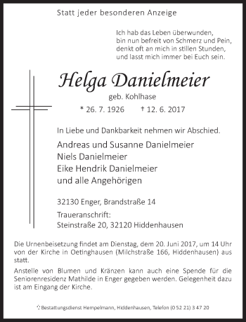 Traueranzeige von Helga Danielmeier von Neue Westfälische