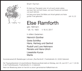 Traueranzeige von Else Ramforth von Neue Westfälische