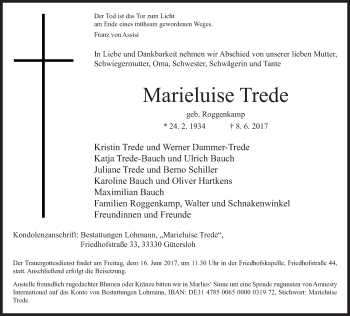 Traueranzeige von Marieluise Trede von Neue Westfälische
