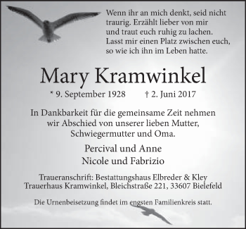 Traueranzeige von Mary Kramwinkel von Neue Westfälische