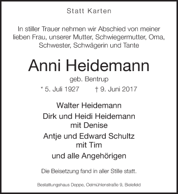 Traueranzeige von Anni Heidemann von Neue Westfälische