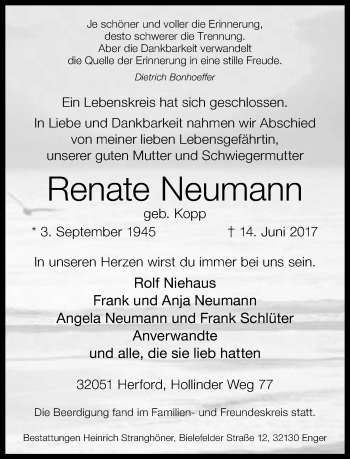 Traueranzeige von Renate Neumann von Neue Westfälische