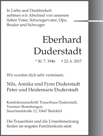 Traueranzeige von Eberhard Duderstadt von Neue Westfälische
