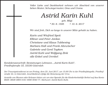 Traueranzeige von Astrid Karin Kuhl von Neue Westfälische