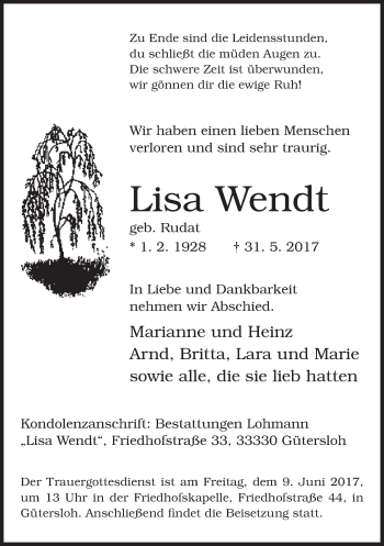 Traueranzeige von Lisa Wendt von Neue Westfälische