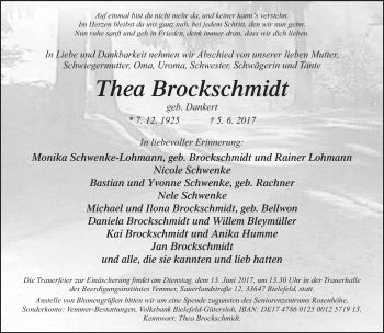 Traueranzeige von Thea Brockschmidt von Neue Westfälische