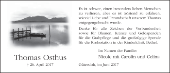 Traueranzeige von Thomas Osthus von Neue Westfälische