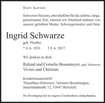 Traueranzeige von Ingrid Schwarze von Neue Westfälische