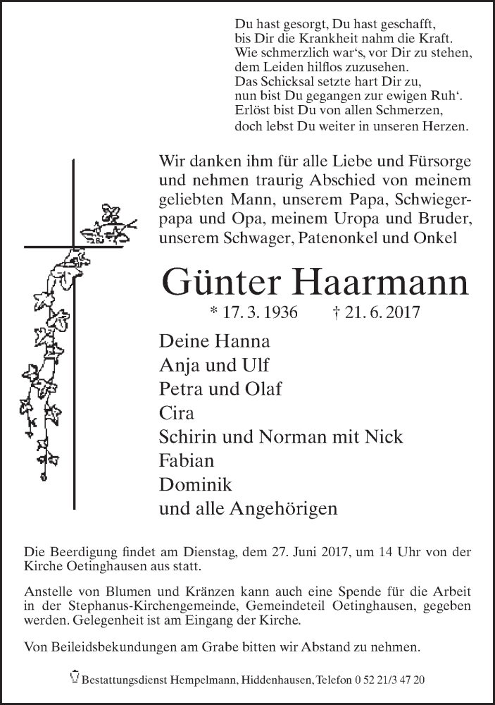  Traueranzeige für Günter Haarmann vom 23.06.2017 aus Neue Westfälische