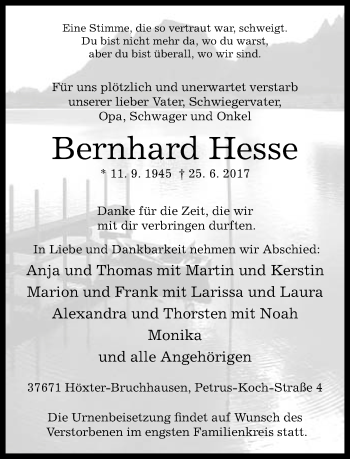Traueranzeige von Bernhard Hesse von Neue Westfälische
