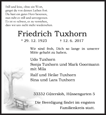 Traueranzeige von Friedrich Tuxhorn von Neue Westfälische