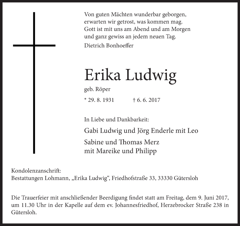  Traueranzeige für Erika Ludwig vom 08.06.2017 aus Neue Westfälische