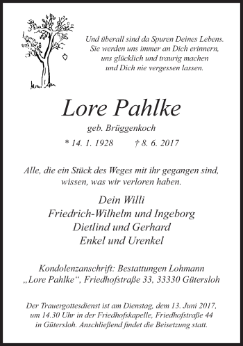 Traueranzeige von Lore Pahlke von Neue Westfälische
