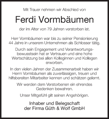 Traueranzeige von Ferdi Vormbäumen von Neue Westfälische