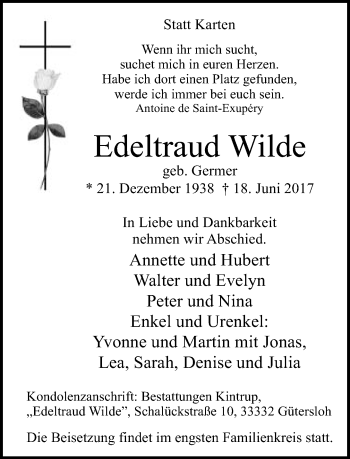 Traueranzeige von Edeltraud Wilde von Neue Westfälische