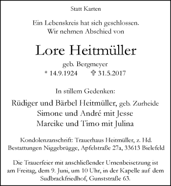 Traueranzeige von Lore Heitmüller