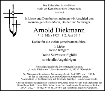 Traueranzeige von Arnold Diekmann von Neue Westfälische