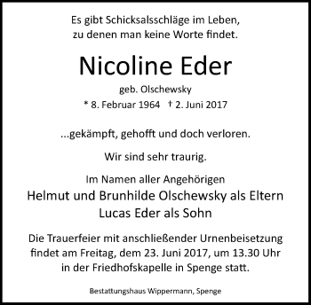 Traueranzeige von Nicoline Eder von Neue Westfälische