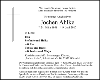 Traueranzeige von Jochen Ahlke von Neue Westfälische