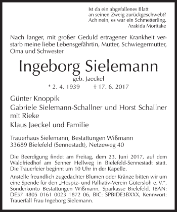 Traueranzeige von Ingeborg Sielemann von Neue Westfälische