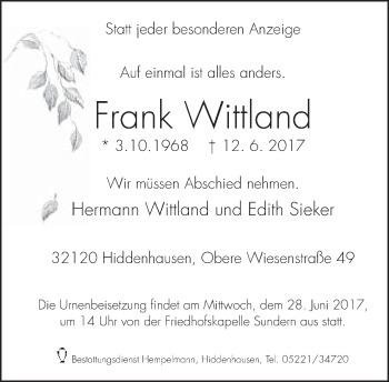 Traueranzeige von Frank Wittland von Neue Westfälische