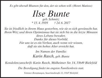 Traueranzeige von Ilse Bunte von Neue Westfälische