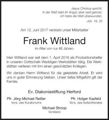 Traueranzeige von Frank Wittland von Neue Westfälische