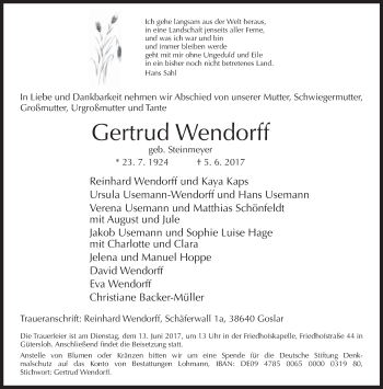 Traueranzeige von Gertrud Wendorff von Neue Westfälische