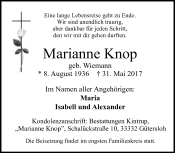 Traueranzeige von Marianne Knop von Neue Westfälische