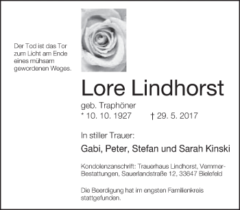 Traueranzeige von Lore Lindhorst von Neue Westfälische