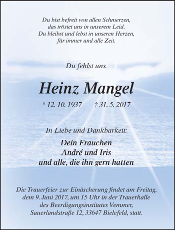 Traueranzeige von Heinz Mangel von Neue Westfälische