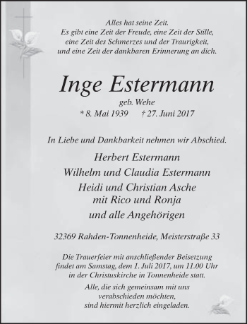 Traueranzeige von Inge Estermann von Neue Westfälische