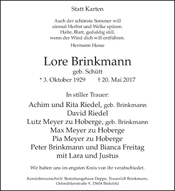 Traueranzeige von Lore Brinkmann von Neue Westfälische
