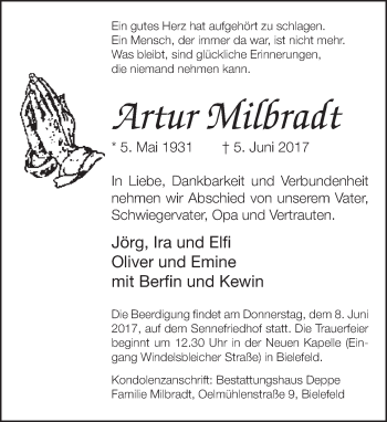 Traueranzeige von Artur Milbradt von Neue Westfälische