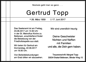 Traueranzeige von Gertrud Topp von Neue Westfälische