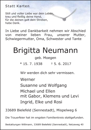 Traueranzeige von Brigitta Neumann von Neue Westfälische