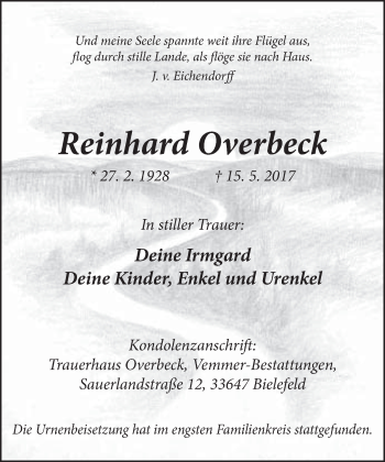 Traueranzeige von Reinhard Overbeck von Neue Westfälische