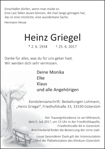 Traueranzeige von Heinz Griegel von Neue Westfälische