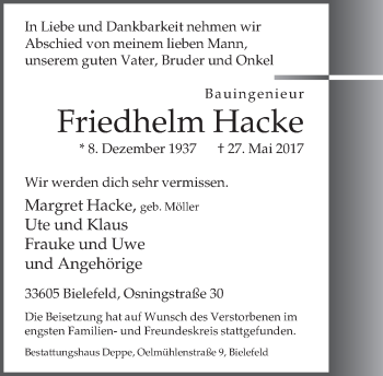 Traueranzeige von Friedhelm Hacke von Neue Westfälische