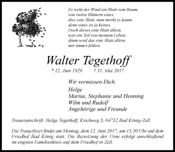 Traueranzeige von Walter Tegethoff von Neue Westfälische