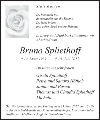 Traueranzeige von Bruno Spliethoff von Neue Westfälische