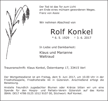 Traueranzeige von Rolf Konkel von Neue Westfälische