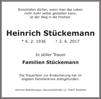 Traueranzeige von Heinrich Stückemann von Neue Westfälische