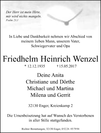 Traueranzeige von Friedhelm Heinrich Wenzel von Neue Westfälische