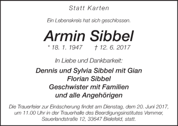 Traueranzeige von Armin Sibbel von Neue Westfälische
