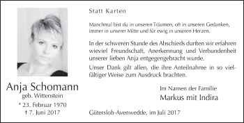 Traueranzeige von Anja Schomann von Neue Westfälische