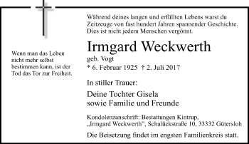 Traueranzeige von Irmgard Weckwerth von Neue Westfälische