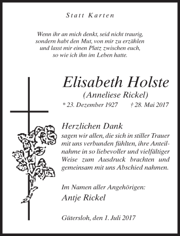 Traueranzeige von Elisabeth Holste von Neue Westfälische
