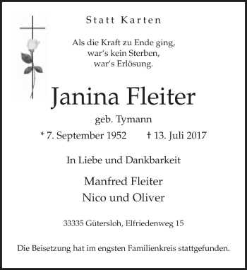 Traueranzeige von Janina Fleiter von Neue Westfälische